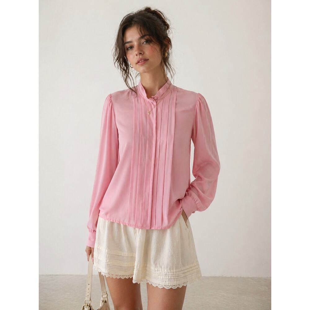 Vintage Sheer Ann‎ Chabrol Pink Pleated Puff Sleeve Blouse 12 Coquette Romantic